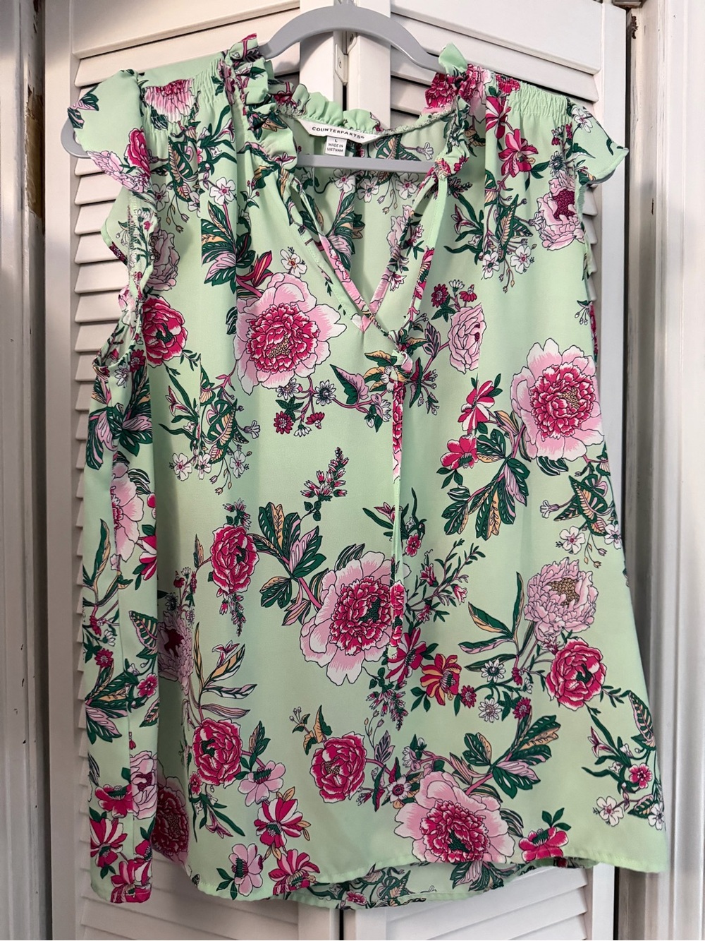 Counterparts Mint Floral Tie-Neck Ruffle Sleeve Blouse